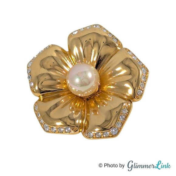 Vintage Nolan Miller Faux Pearl Pave Rhinestone Flower Gold Tone Brooch - Picture 1 of 9